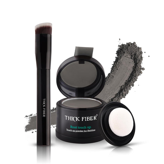 THICK FIBER Root Touch Up Powder, Cover Up Hairline for Thin- Water & Sweat Resistant Hair Loss Concealer Set with for Thinning Hair Women, Includes Brush (Grey)