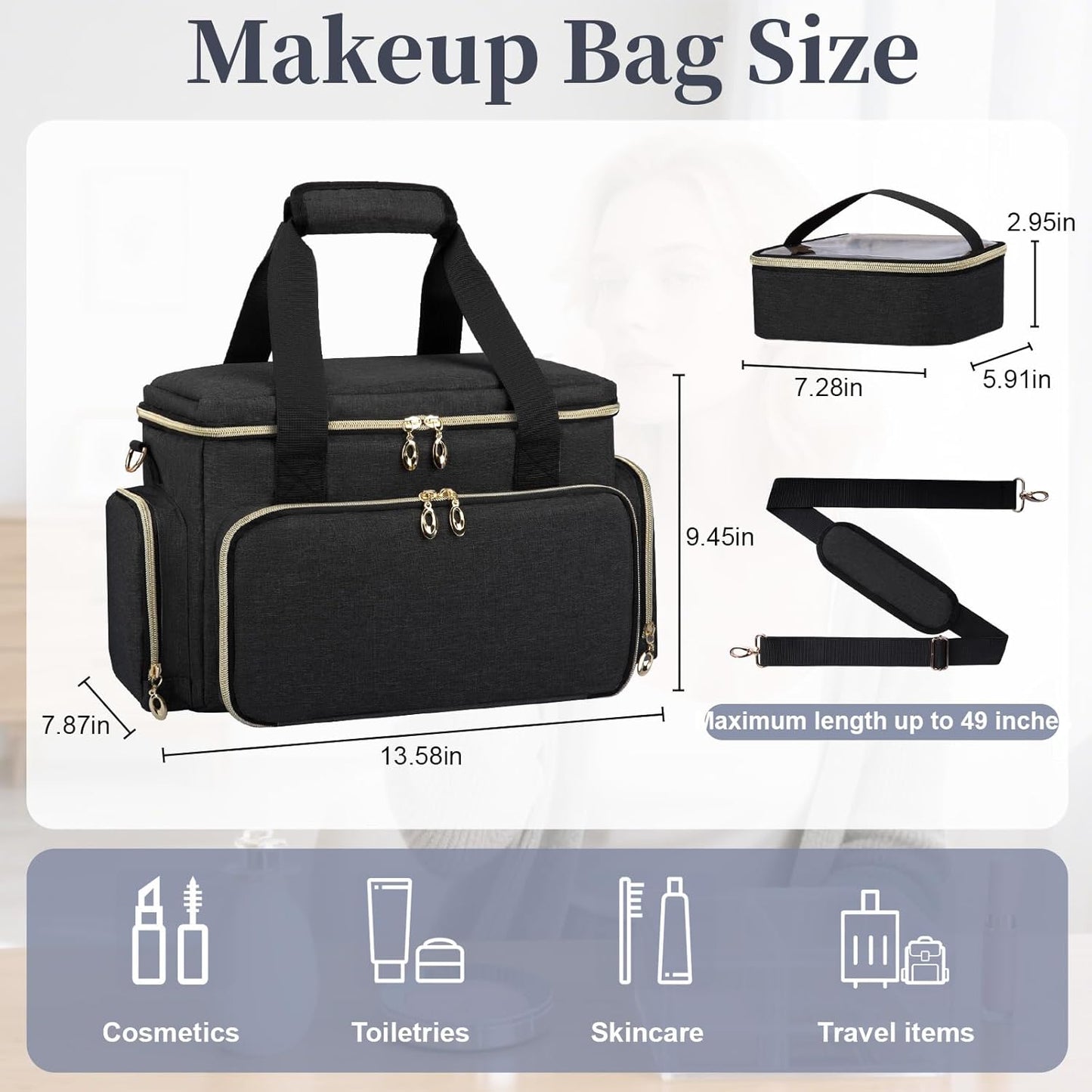 Large Makeup Bag, Portable Travel Makeup Bag Organizer for Women Girls with 2 Removable Pouches & Detachable Dividers, Cosmetic Travel Bag, Toiletry Bag for Makeup and Hair Supplies Black