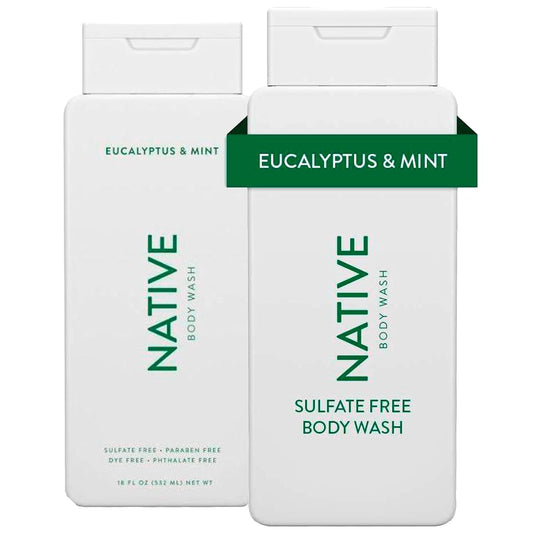 Native Body Wash Contains Naturally Derived Ingredients | For Women & Men, Sulfate, Paraben, & Dye Free Leaving Skin Soft and Hydrated | Eucalyptus & Mint 18 oz - 2 Pk