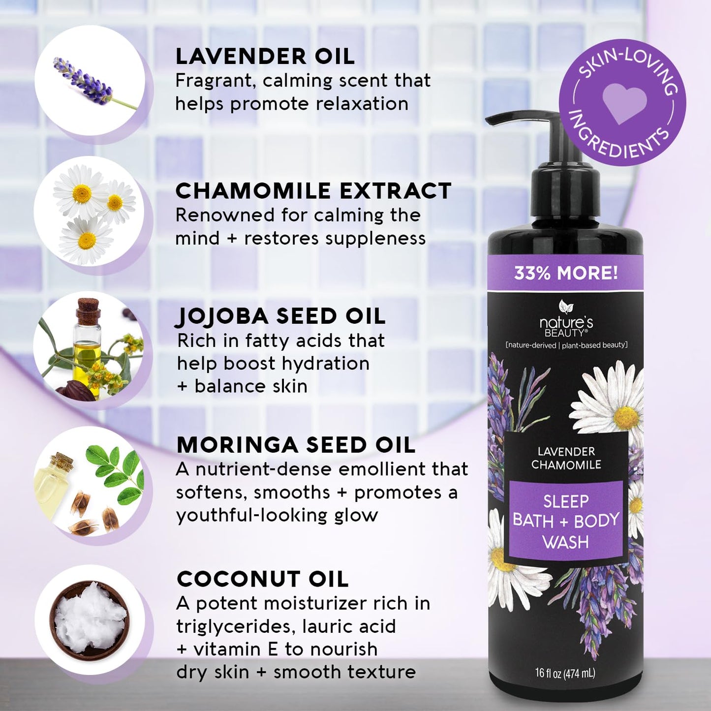 Nature's Beauty Lavender Chamomile Sleep Body Wash - Gentle Cleanser for All Skin Types - 16 Fl Oz