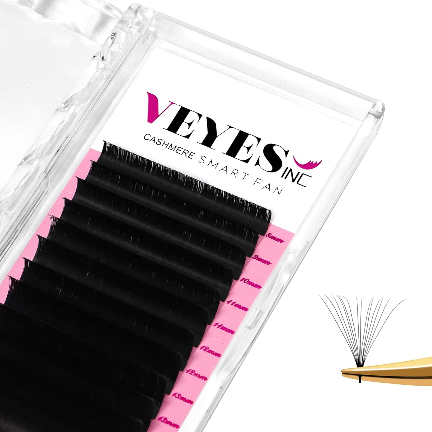 VEYES INC Cashmere Smart Fan Lash Extensions 0.03 0.05 0.07 C/CC/D Curl 8-20mm Mixed & Single Length, Super Matte Black Volume Lashes, Professional Supplies for Lash Techs (0.03 D 14mm)