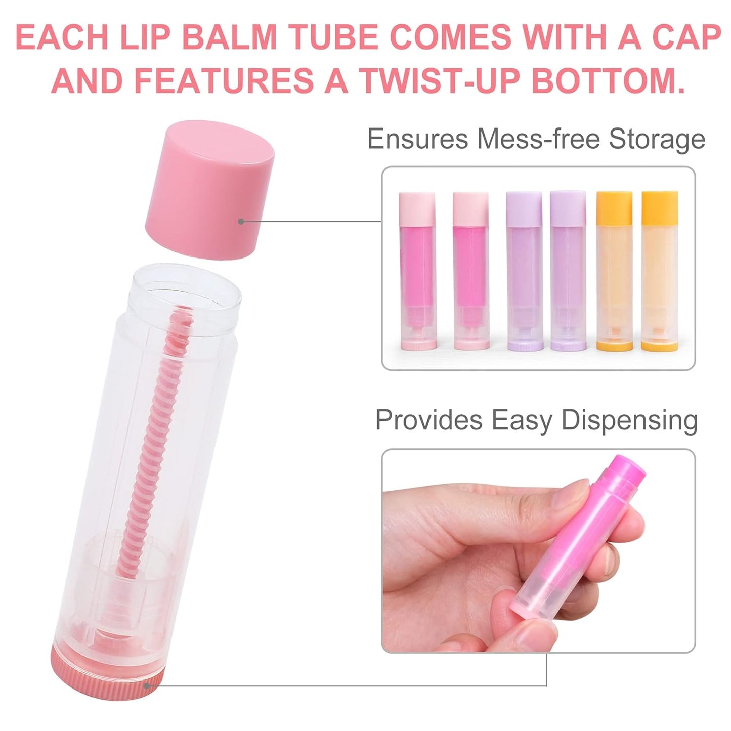 LotFancy Lip Balm Tubes Empty, 60PCS 5.5ml (3/16 Oz), Clear Lip Balm Container Tubes with Pink Caps, BPA Free & Leak Free, Refillable