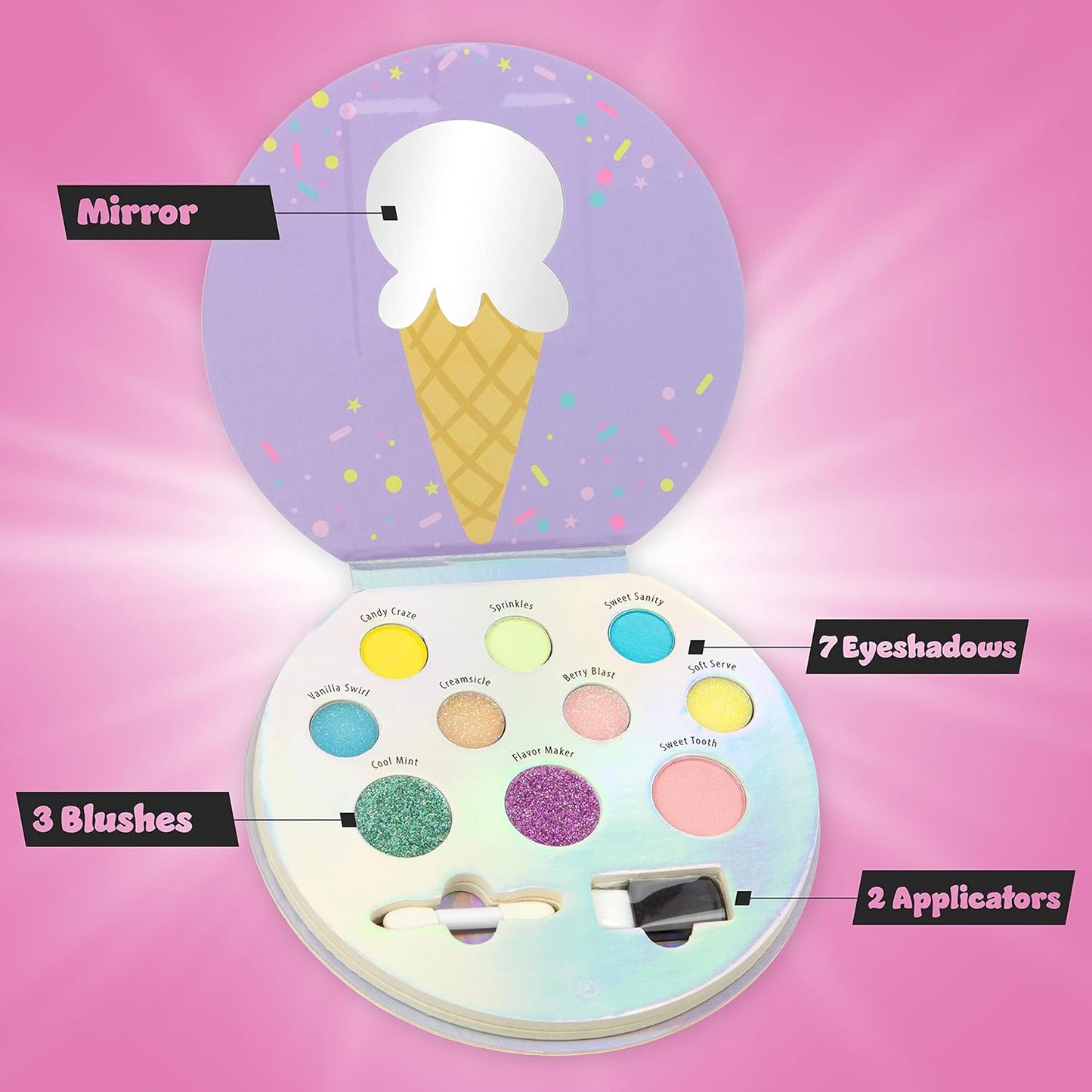 Expressions Cool Glisten & Glitter Makeup Palette 10 Color Eyeshadow Palette & Blush Makeup Novelty Beauty Set, Fold Out Compact with Mirror, Cute Makeup Kit Gifts - Washable, Non-Toxic