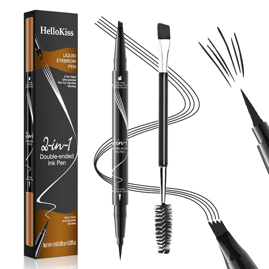Eyebrow Pen, 2-in-1 Dual-Ended Microblading Eyebrow Pencil, Magical Faux Brow Pen with 4-Fork-Tip & Precise Brush-Tip Create Natural Hair-Like Brow, Waterproof, Stay on All Day, Black, 1Pcs