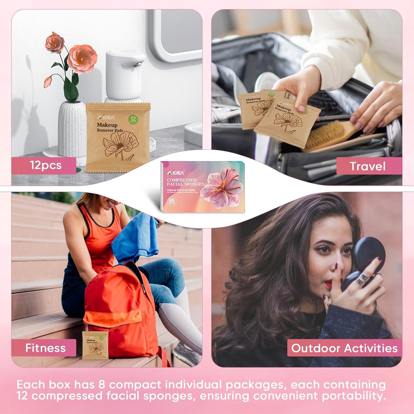 AIDEA Compressed Facial Sponges 96Count White, Round, Face Sponges for Cleansing, Travel Essentials, Natural Cellulose Cosmetic Makeup Sponge for Facial Cleansing, Exfoliating, Makeup Removal