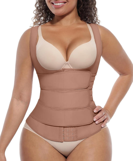 FeelinGirl Waist Trainer for Women Latex Waist Trainers Vest Plus Size Waist Cincher Corset 3 Belts Hooks Steel Bones