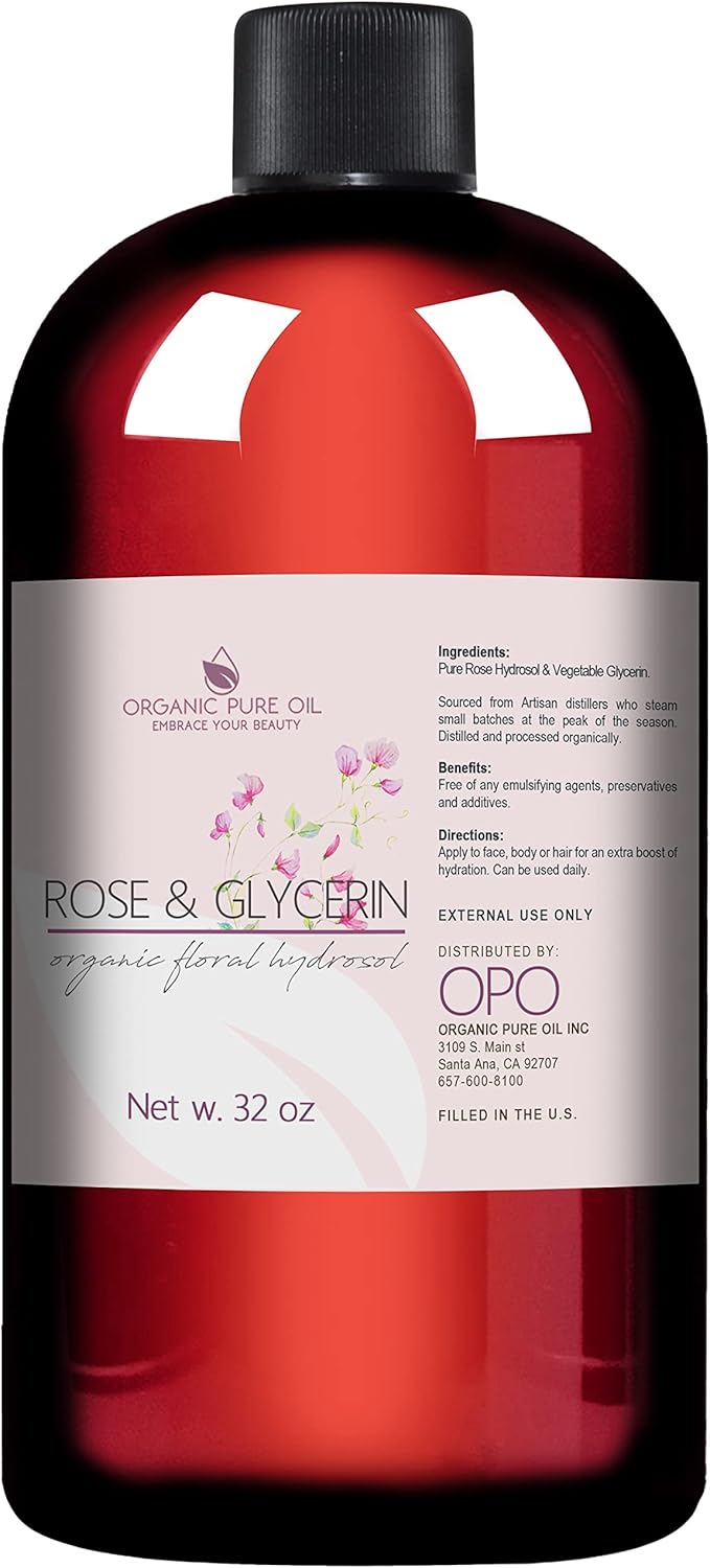 Rosewater Glycerin Mist Toner Bulk Spray Facial Body Floral Cleanser 100% Pure Rose Hydrosol Vegetable Glycerine Moisturizing Cleansing Toning Mix Face Skin Hair Body - Packaging May Vary (32 Ounces)