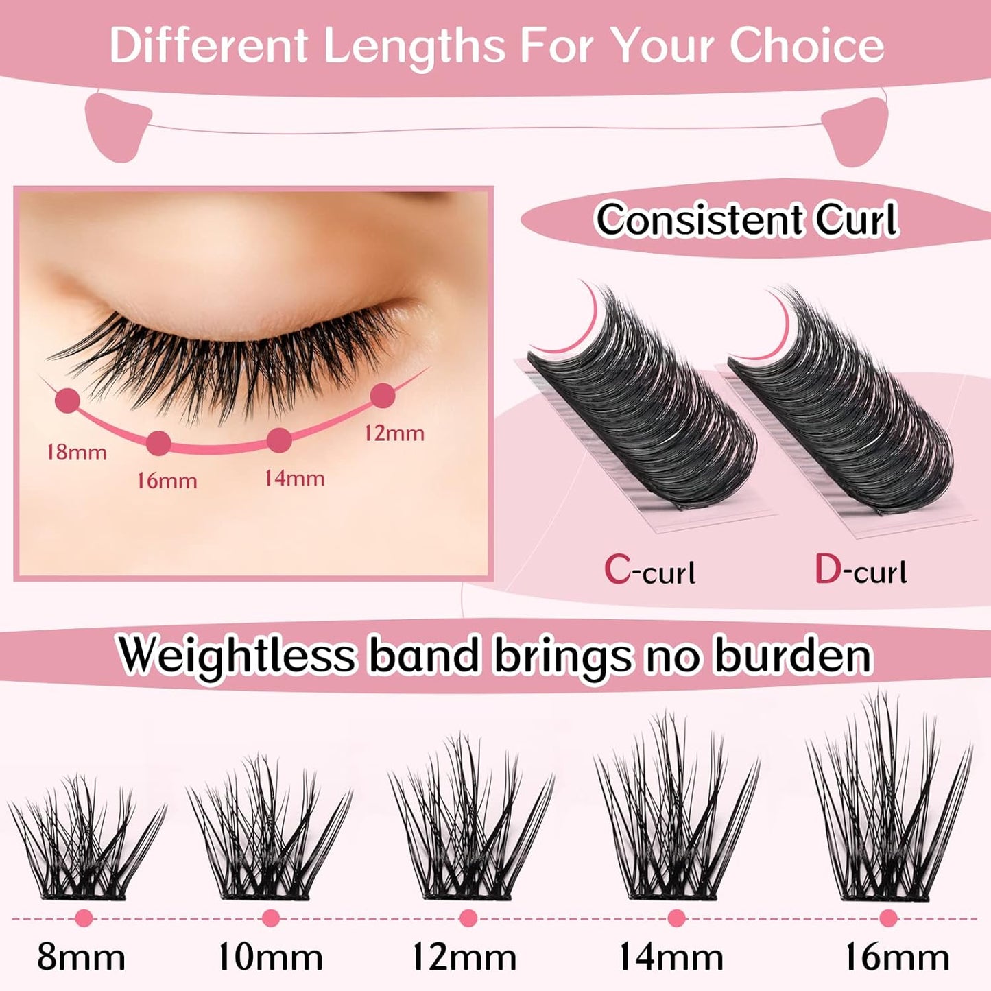 Cluster Lashes 72 Pcs Lash Clusters DIY Eyelash Extension Individual Lashes Thin Band Easy to Apply at home Lashes (Attraction D-8-16 mix)