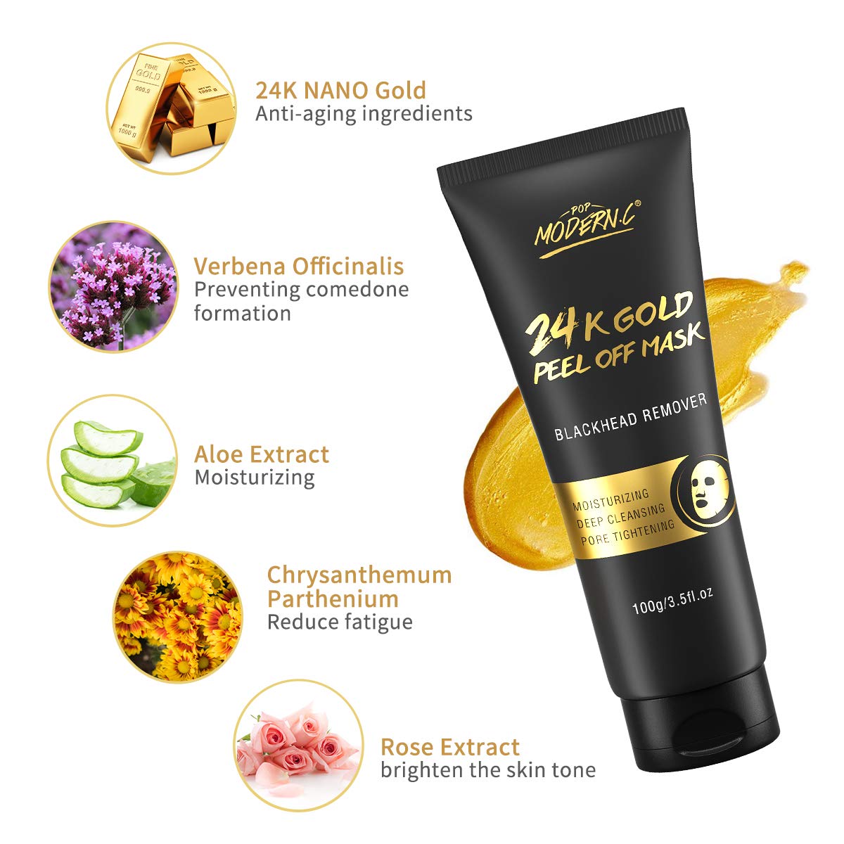Blackhead Remover Mask, 24K Gold Peel Off Mask, Gold Facial Mask Anti-Aging, Deep Cleansing, Reduces Fine Lines＆ Wrinkles Great for All Skin, With Blackhead Remover Extractor Tools Kit & Mask Brush