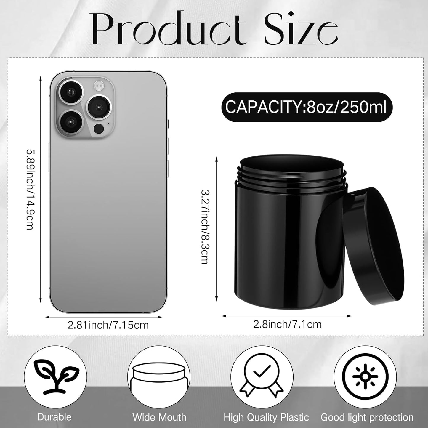 Patelai 4 Pieces Round Wide-mouth Leak Proof Plastic Container Jars with Lids for Travel Storage Makeup Beauty Products Face Creams Oils Salves Ointments DIY Making(8 Ounce,Pure Black)