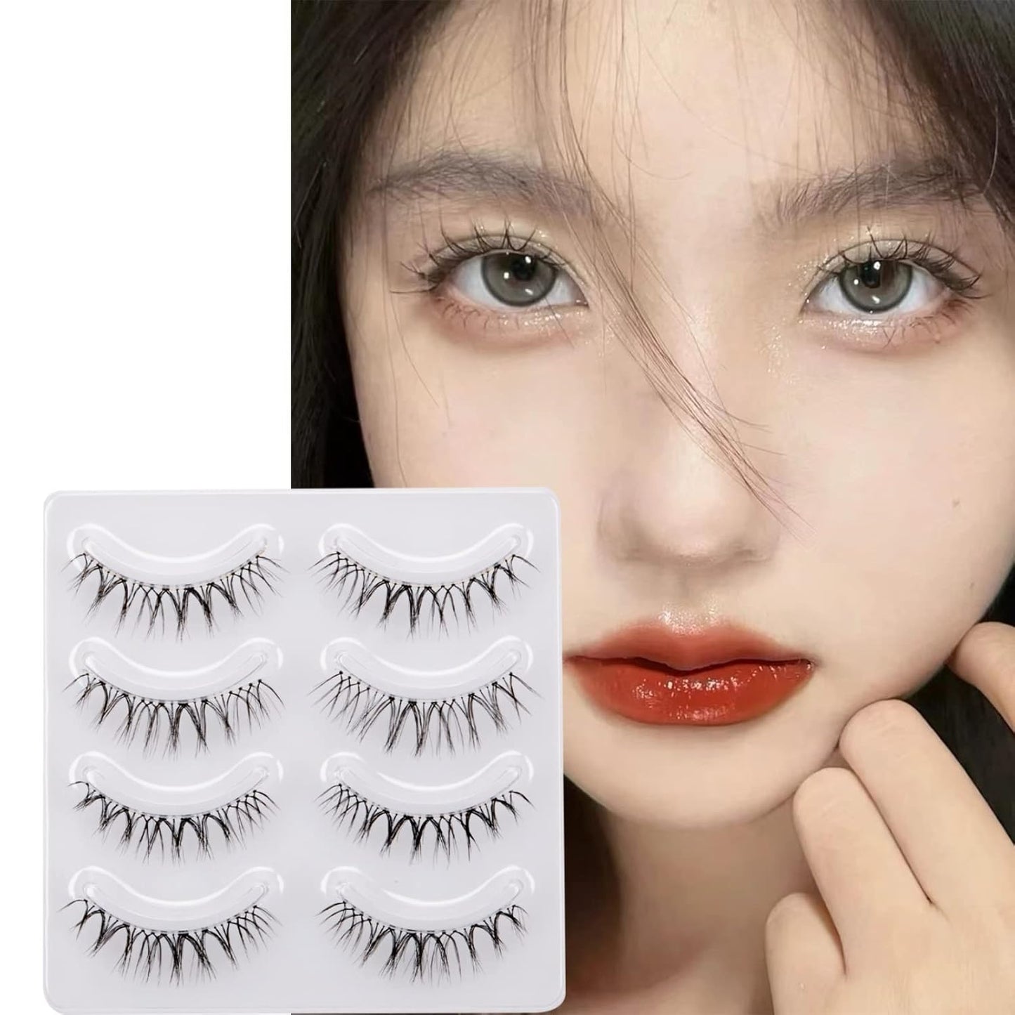 Miz Barn Daily Natural Look False Eyelashes, 4 Pairs Soft Lightweight Comfortable Short Lashes Clear Band Handmade False Eyelashes (W-7)
