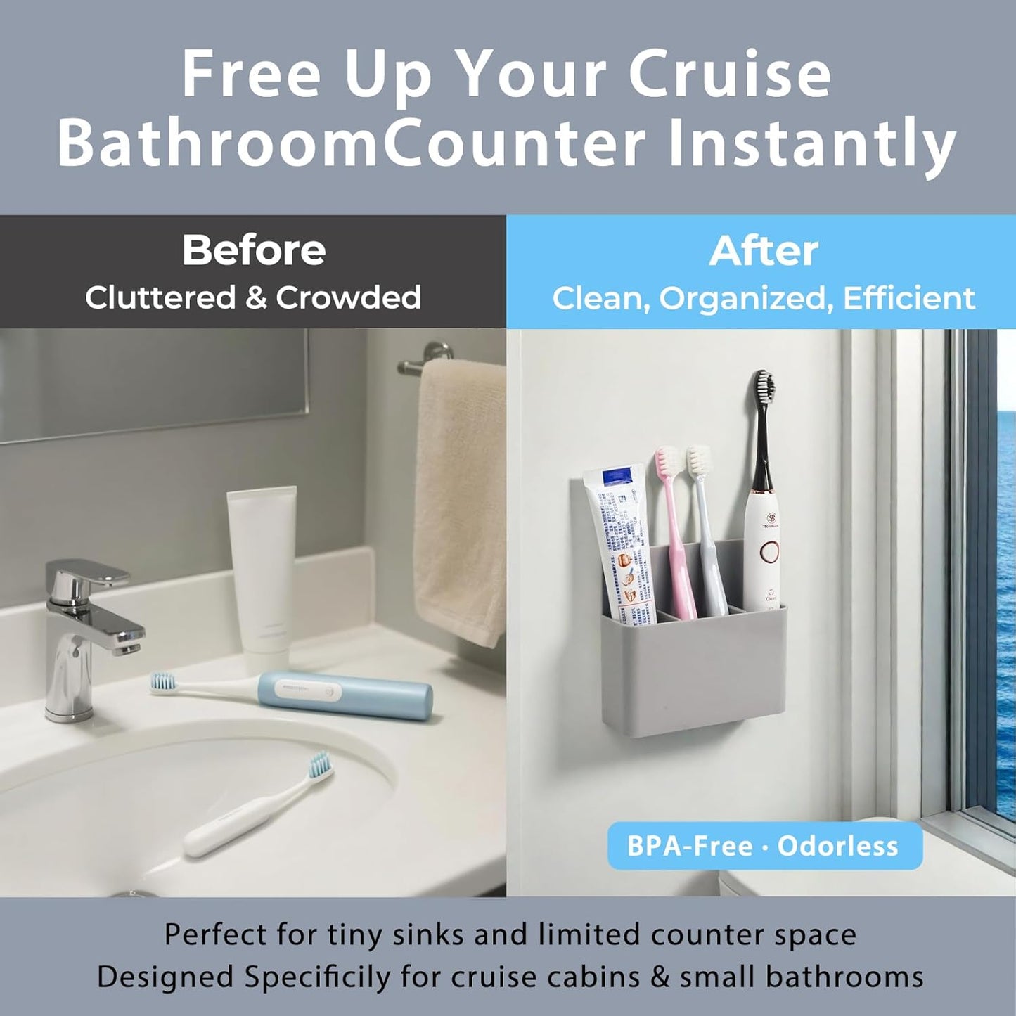 Cruise Essentials 2025 – Magnetic Toothbrush Holder for Wall Mount, Compact Bathroom Organizer for Small Spaces, Cruise Travel Accessories for Alaska/Caribbean Cruise Must Have