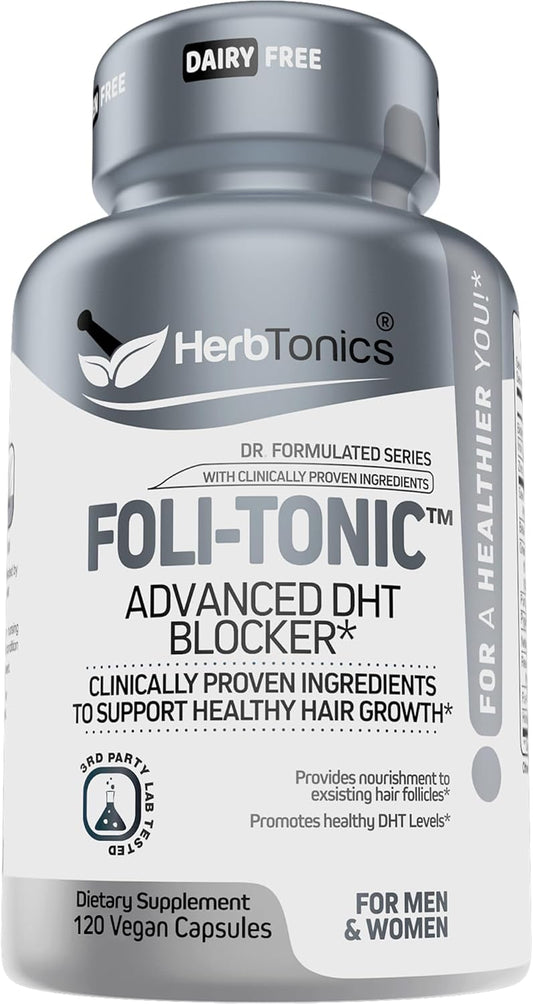 Hair Growth Vitamins for Women & Men | DHT Blocker with Saw Palmetto & 10000mcg Biotin, Foli Tonic Hair Growth Supplement – Supports Fuller, Thicker Hair Appearance, Non-GMO, 120 Vegan Capsules