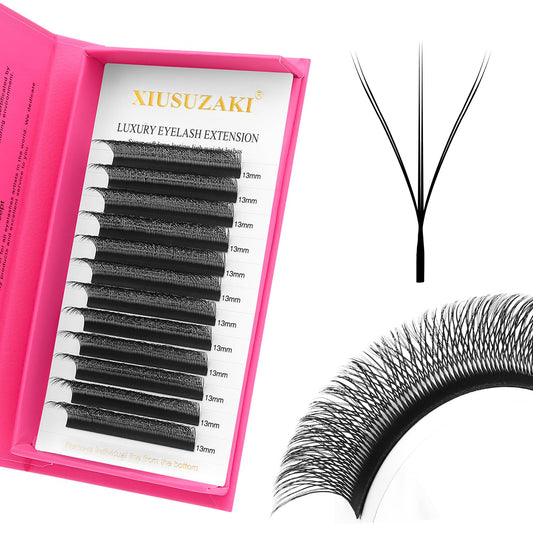 Lash Extensions Double Tips 3D Eyelash Extensions W Shape 0.07mm Thickness C Curl 13mm Premade Fans Easy Fan Volume Matte Black Crisscross Eyelashes(W-3D-Double Tips-0.07-C,13mm)