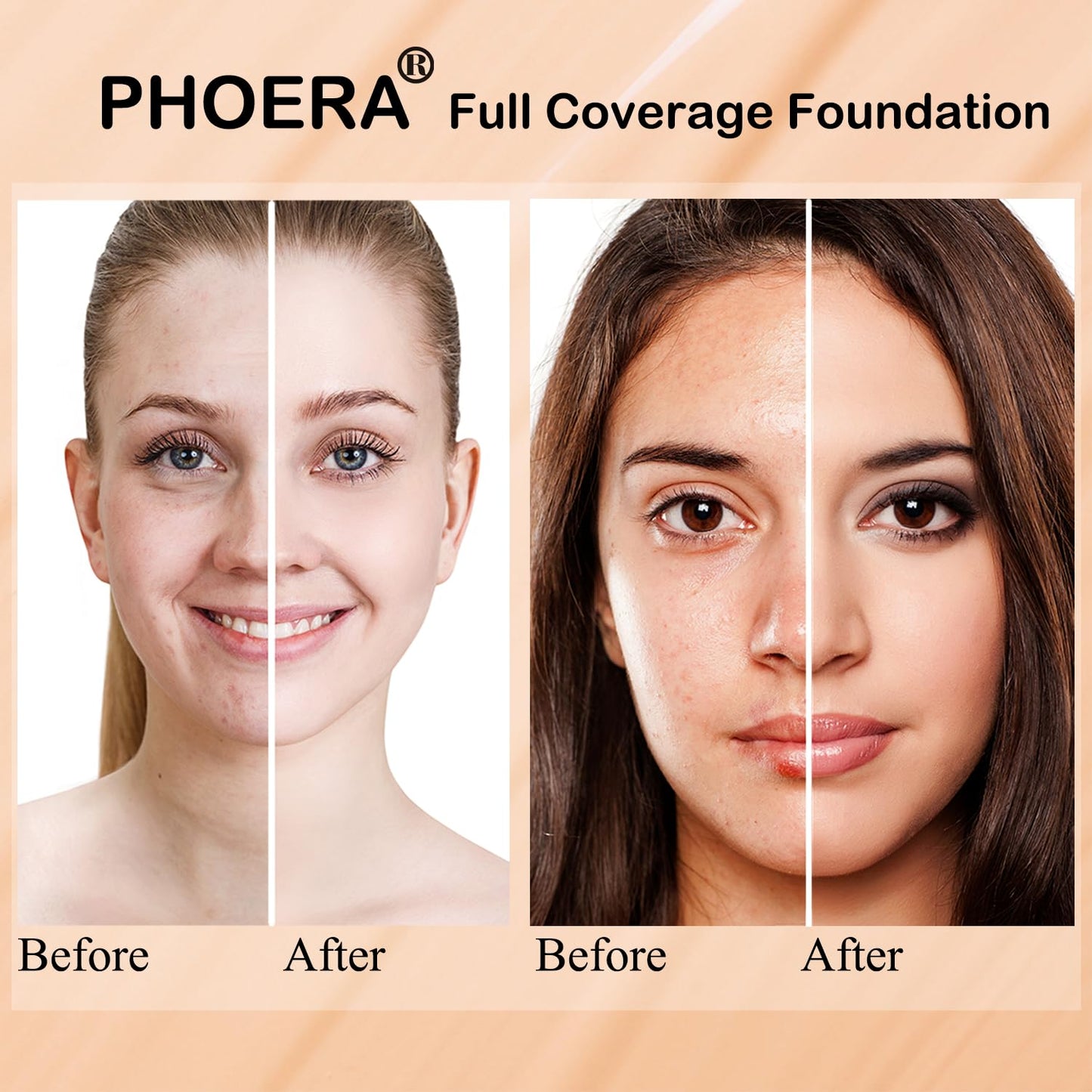 PHOERA Foundation,6 Pcs Matte Liquid Lipstick Makeup Set, Matte liquid Long-Lasting Wear,PHOERA Makeup Foundation Full Coverage(104- Buff Beige)