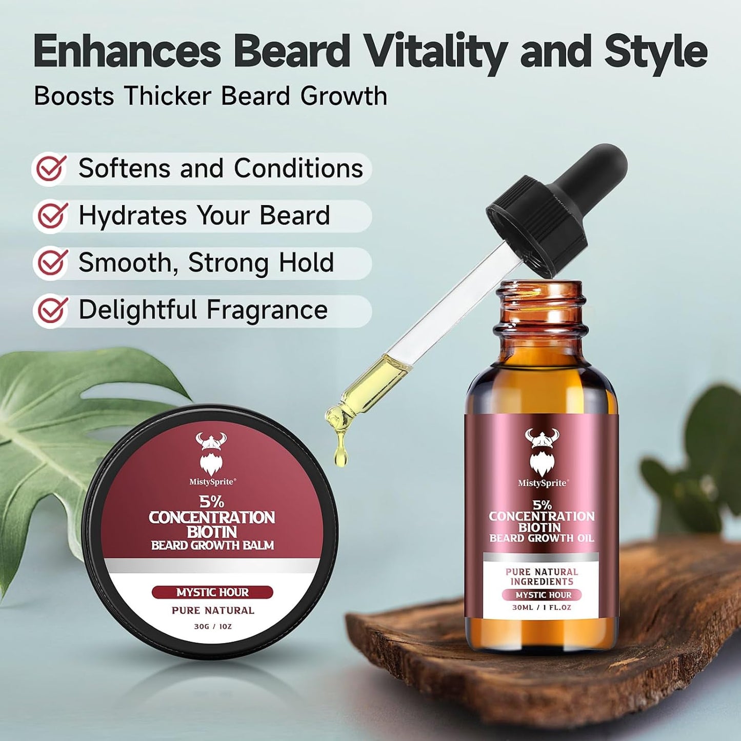 Beard Growth kit & Beard Balm - Beard Growth Kit with 5% Concentration Biotin for Men, Natural Ingredients with Argan Oil, Jojoba Oil and Vitamin (Mystic Hour)