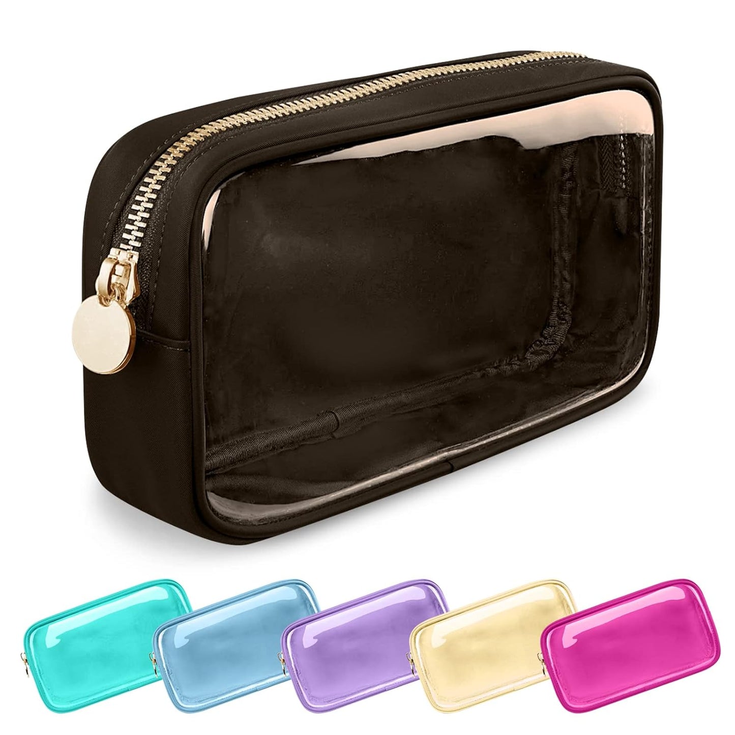 Clear Small Makeup Bag with Zipper, Nylon&PVC Cosmetic Travel Bag Preppy TSA Approved Toiletry Bag for Women Girls, Transparent Waterproof Makeup Pouches Cute Travel Bag for Purse(Small-Chocolate)