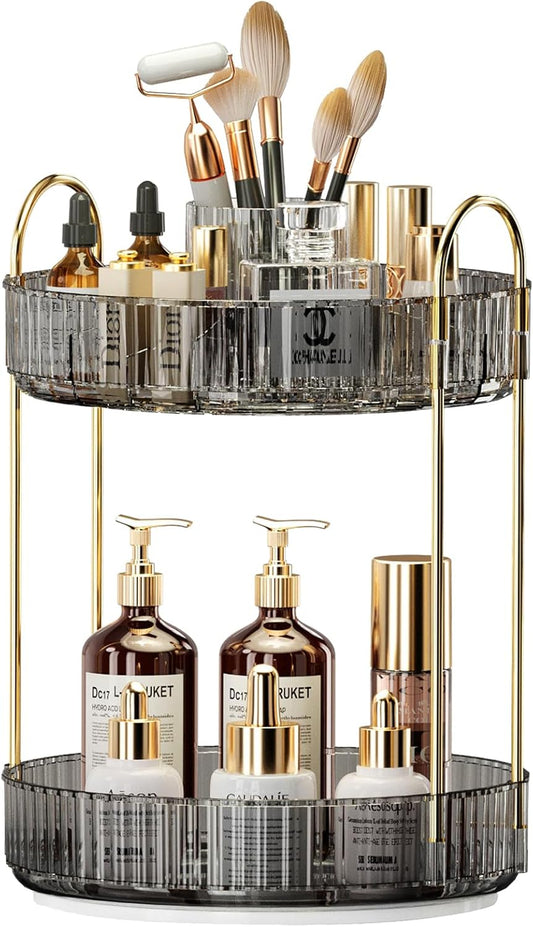 360° Rotating Makeup Organizer, Large-Capacity Skincare Make Up Storage 2 Tier Perfume Organizers Cosmetic Dresser Organizer with Makeup Brush Holder, Fits Bedroom, Bathroom, Vanity Shelf Countertop