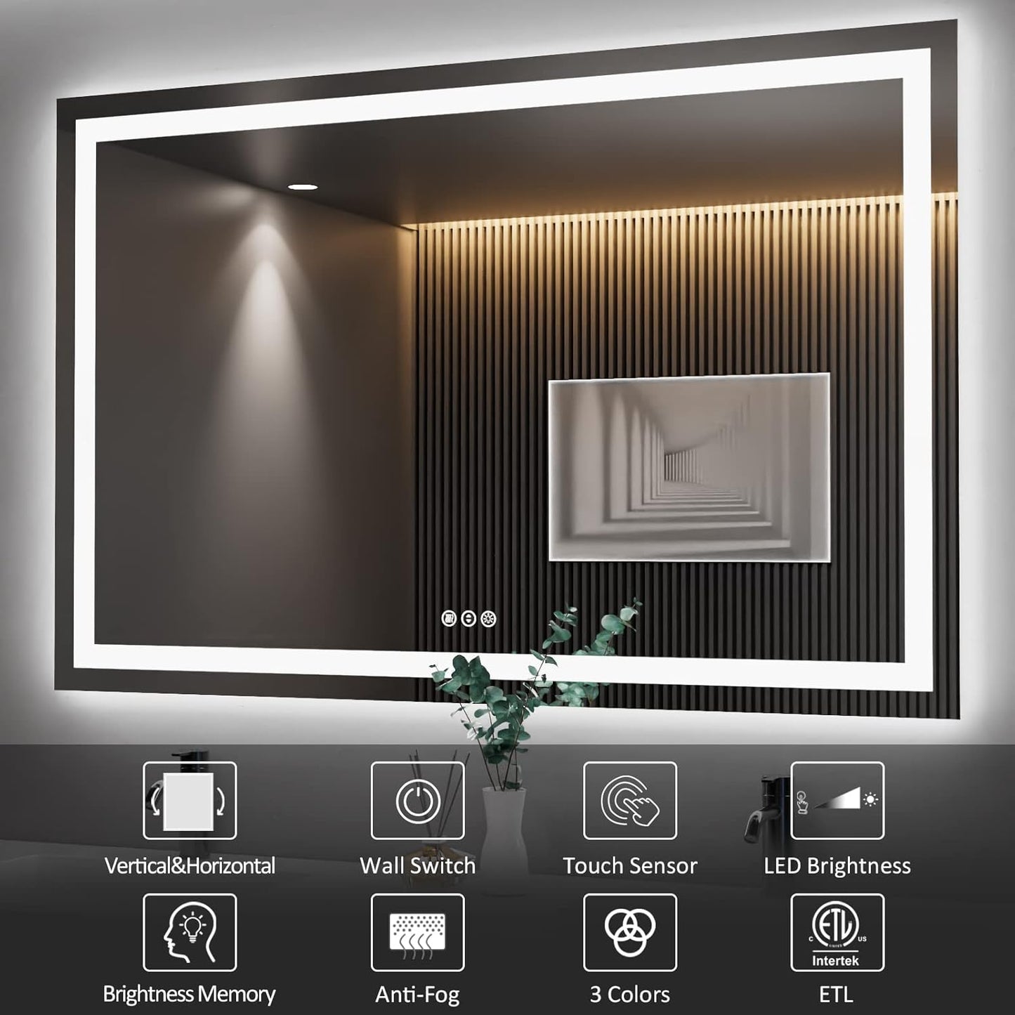 Amorho LED Bathroom Mirror 55"X40" with Front and Backlight, Stepless Dimmable Wall Mirrors with Anti-Fog, Shatter-Proof, Memory, 3 Colors, Double LED Vanity Mirror(Horizontal/Vertical)