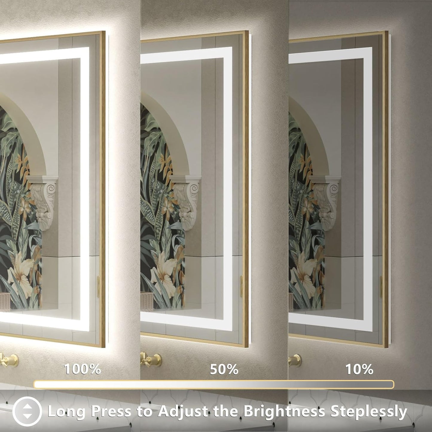 OKPAL 50x30 Gold LED Bathroom Mirror with Lights, Frontlit & Backlit Lighted Bathroom Mirror, LED Vanity Framed Mirror, Anti-Fog, Dimmable, 3 Colors, Shatterproof, ETL Listed