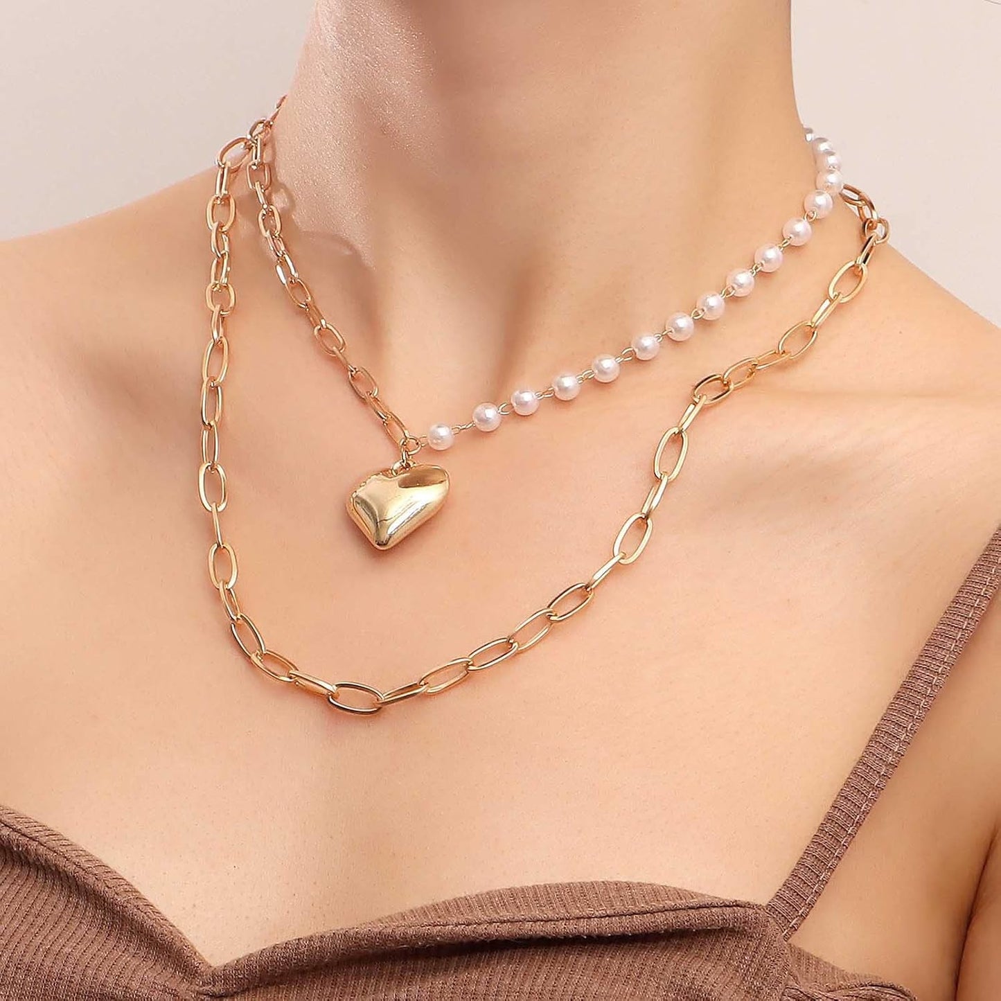 Boho Layered Pearl Choker Necklace Chain Vintage Gold Heart Pendant Cuban Chain Necklace Rock Statement Pearl Heart Necklace Asymmetrical Pearl Strand Necklace Jewelry for Women and Girls