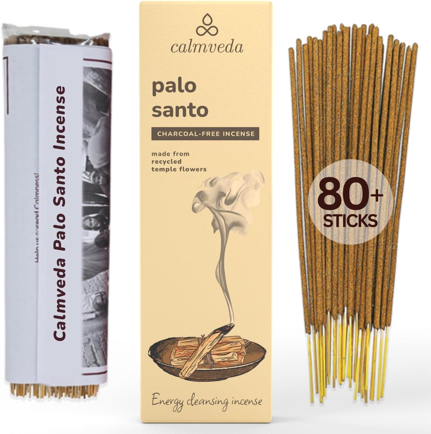 Holy Palo Santo Incense Sticks - 80 Charcoal Free Incense, Made from Upcycled Flowers | Cleansing Incense Sticks Spiritual or Inciensos para Sacar Malas Energias