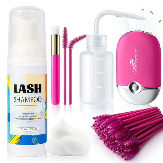 Buqikma Lash Shampoo 2.11Floz Eyelash Extension Cleanser Gentle Foam,USB Mini Lash Fan,Rinsing Bottle Mascara Brush Cleaning Brush Lash Cleaning Kit Lash Wash for Professional Salon&Home Use(Rose Red)