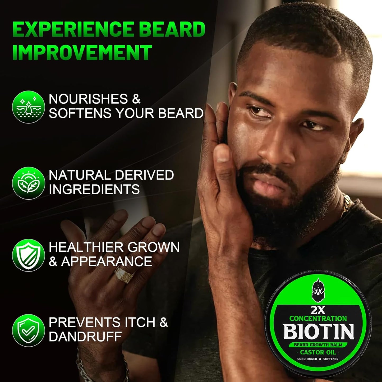 Beard Balm, 2X Thickening Biotin, with Castor Oil and Argan & Jojoba Oils, Promotes Beard Growth, Styles, Strengthens & Softens Beards & Mustaches, 2 Ounce, Vanilla, Cedar, Orange