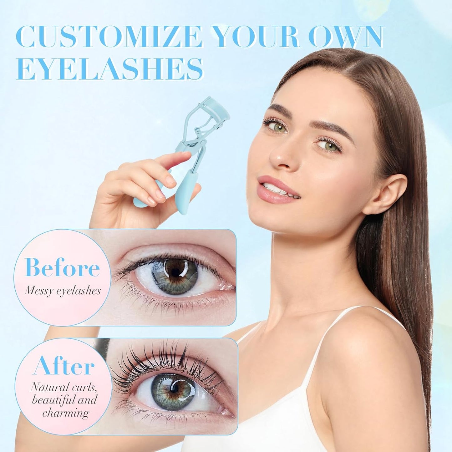 Eyelash Curler with Pads, Lash Curler with 10 Extra Silicone Replacement Pads, Comfortable Grip for Effortless Curling – Eyelashes for The Perfect Eye Contour (Crystal Blue)