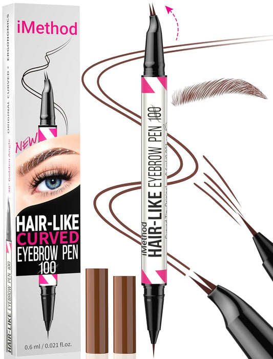 iMethod Curved Eyebrow Pen - 2-in-1 Dual-Ended Eyebrow Pencil with Curved Tip and Precise Brush-Tip, Microblading Eyebrow Pen for Natural Hair-Like Brows, Long Lasting, Reddish Brown