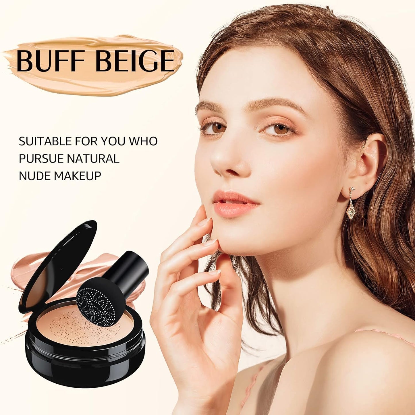 2 PCS Mushroom Head Air Cushion CC Cream - Long-Lasting Brightening BB Cream Foundation With Powder Puff for Face Makeup and Mature Skin (Buff Beige