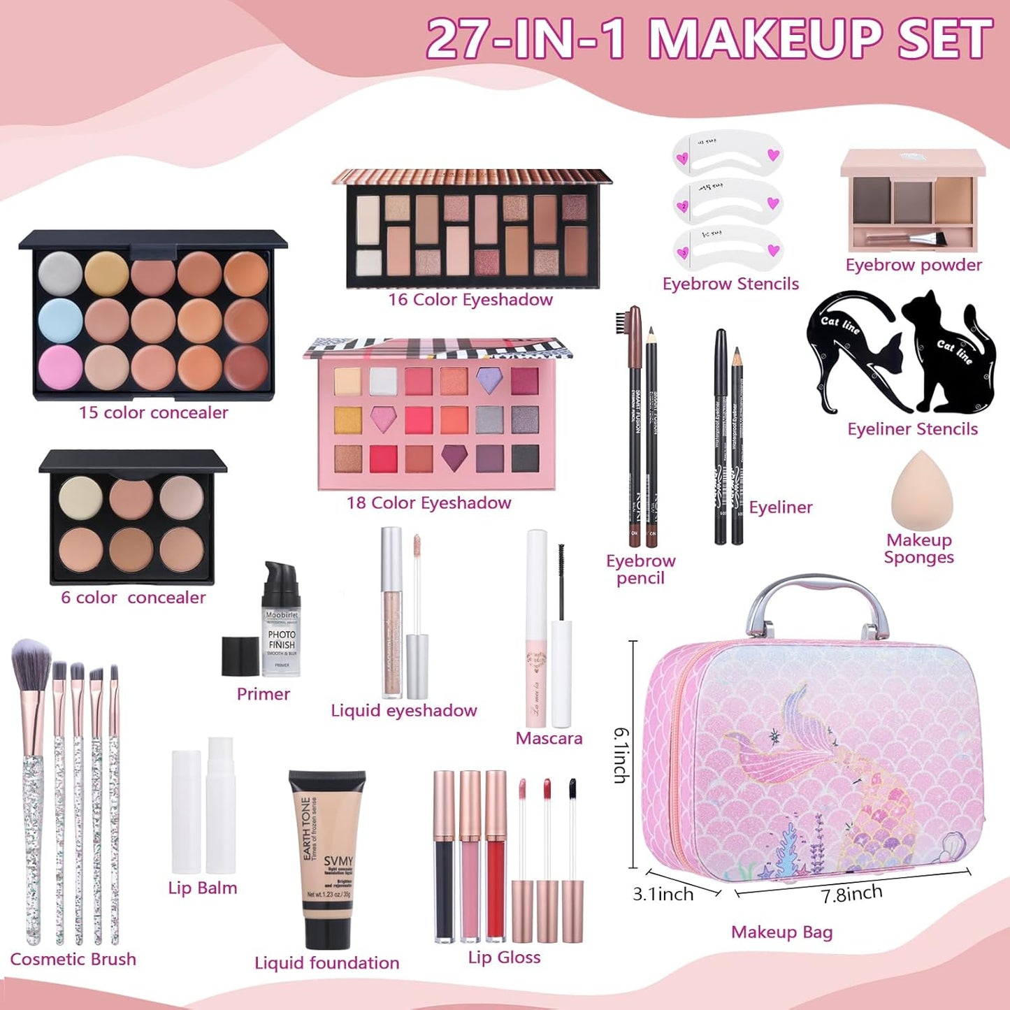 Makeup Kit For Girls, Makeup Set For Teen Beginners, Make up Gift Set For Women with Makeup Box, Eyeshadow Palettes, Foundation, Concealer, brushes set (Colors 18)