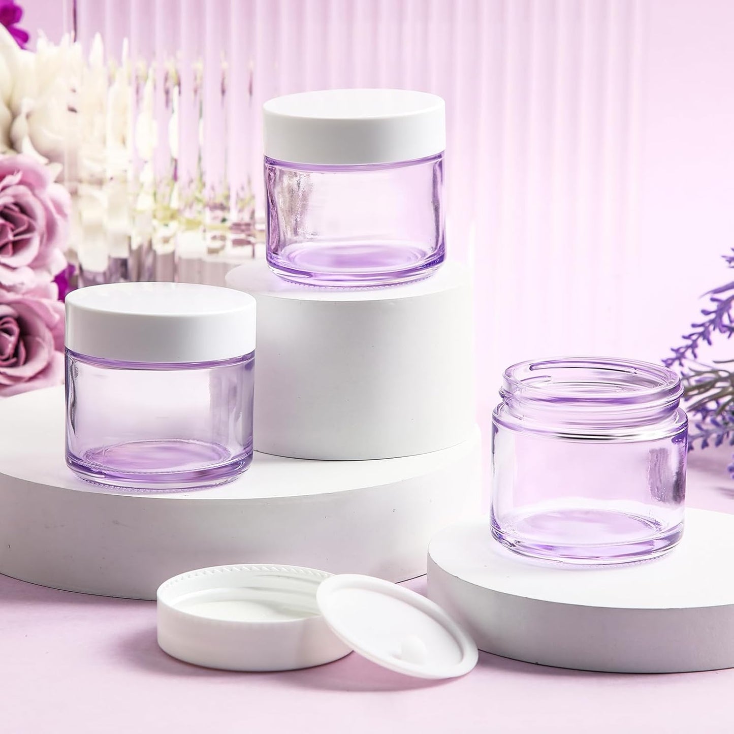 Domensi 32 Pcs 2 oz Glass Jars with Lids Travel Size Round Leakproof Empty Cosmetic Jars with Inner Liners Lid for Storing Makeup Lotions Face Cream Ointments Candle DIY Making (Light Purple)