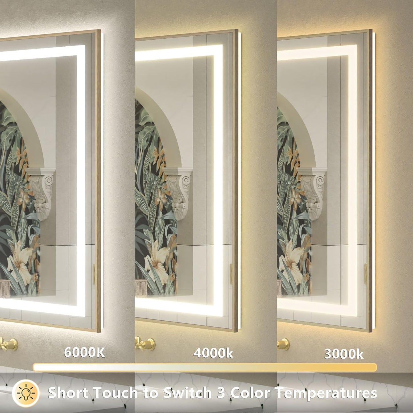 OKPAL 28x36 Gold LED Bathroom Mirror with Lights, Frontlit & Backlit Metal Framed Mirror, Lighted Bathroom Vanity Mirror, Anti-Fog, Dimmable 3 Colors, Shatterproof, Horizontal/Vertical