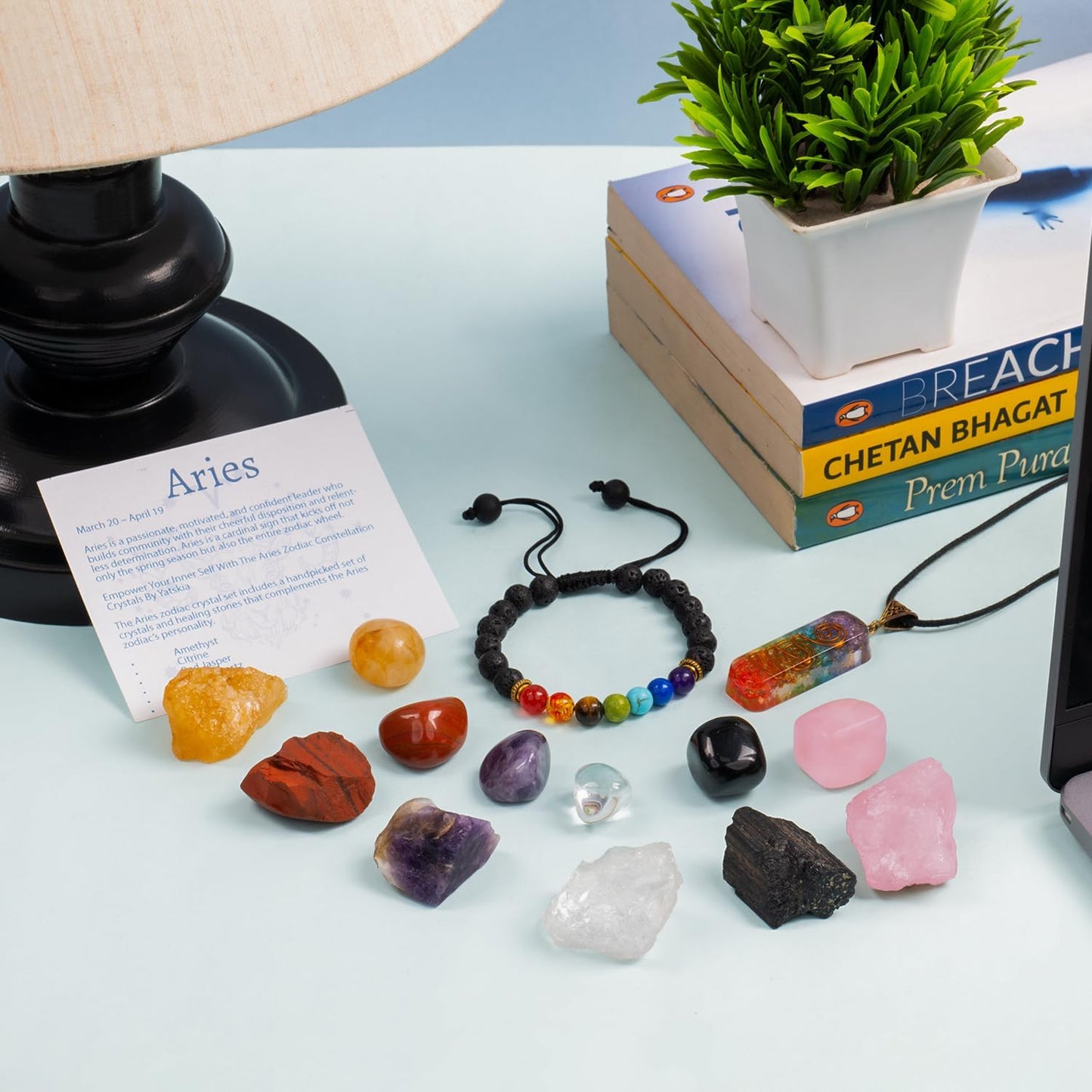 NARIBABU Aries Crystals and Stones - Zodiac Gift - Aries Astrology Decor - Zodiac Healing Crystals Set - Aries Horoscope Gifts - Astrology Gifts for Women