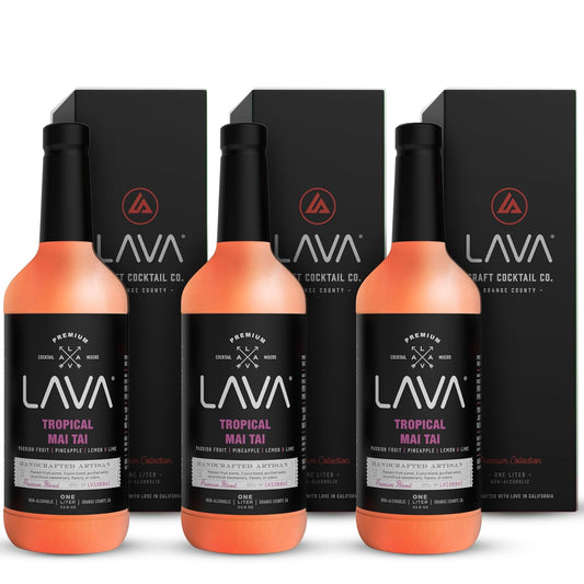 (3 Pack) LAVA Premium Tropical Mai Tai Cocktail Mix made with real passion fruit, pineapple, lemon and lime, no artificial sweeteners, 1-Liter (33.8oz) Glass Bottle, Ready to Use.