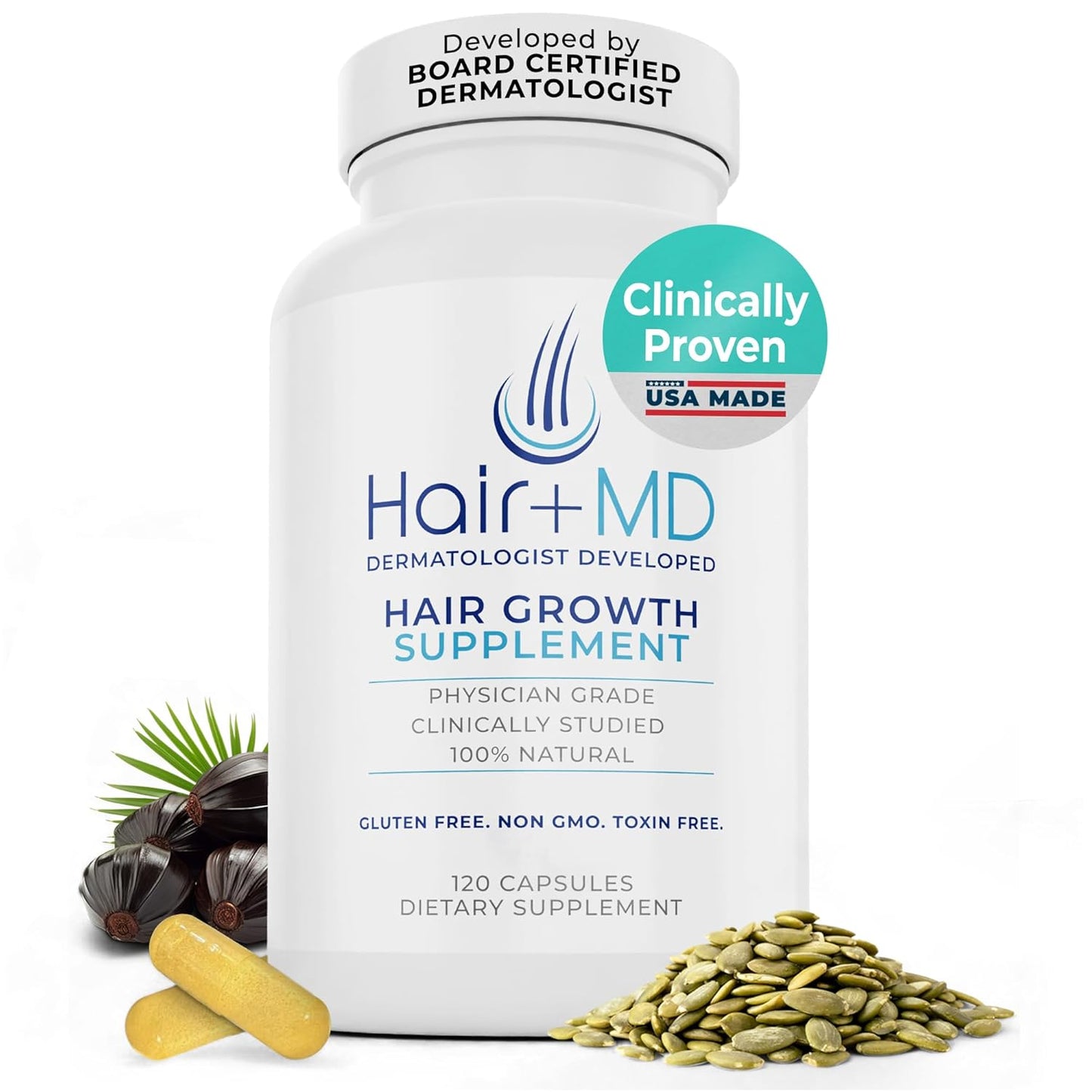 Hair Plus MD Hair Growth Supplement, 120 Capsules – Supports Hair Growth & Density – Dermatologist-Developed with Collagen & Vitamins – Gluten-Free, Toxin-Free, Non-GMO – 1 Month Supply