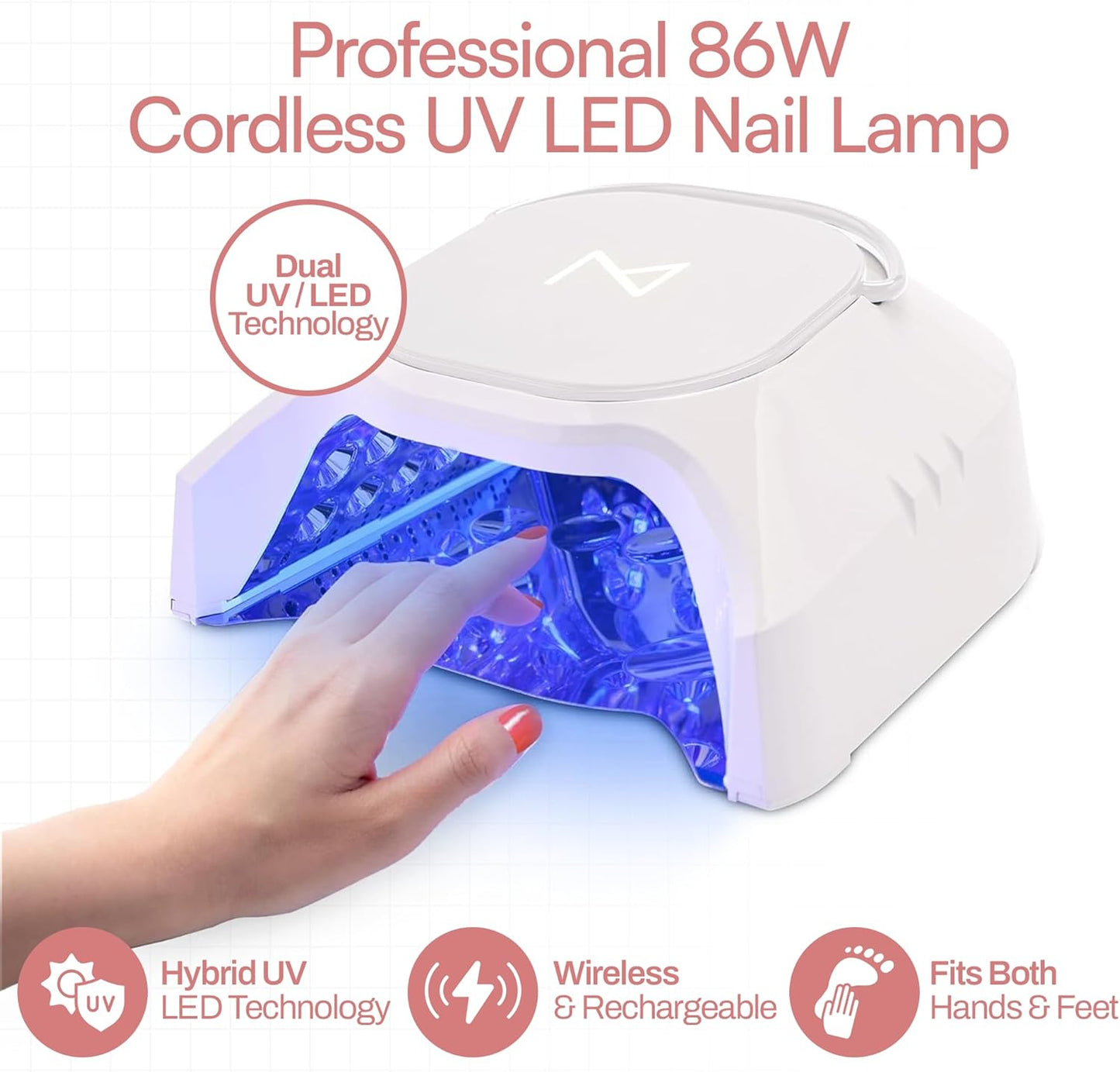 M - GlowPro Professional Hybrid 86W Wireless Rechargeable UV LED Nail Curing Lamp Cordless Nail Dryer for Gel Nails, Manicure, Pedicure (Ombre Purple)
