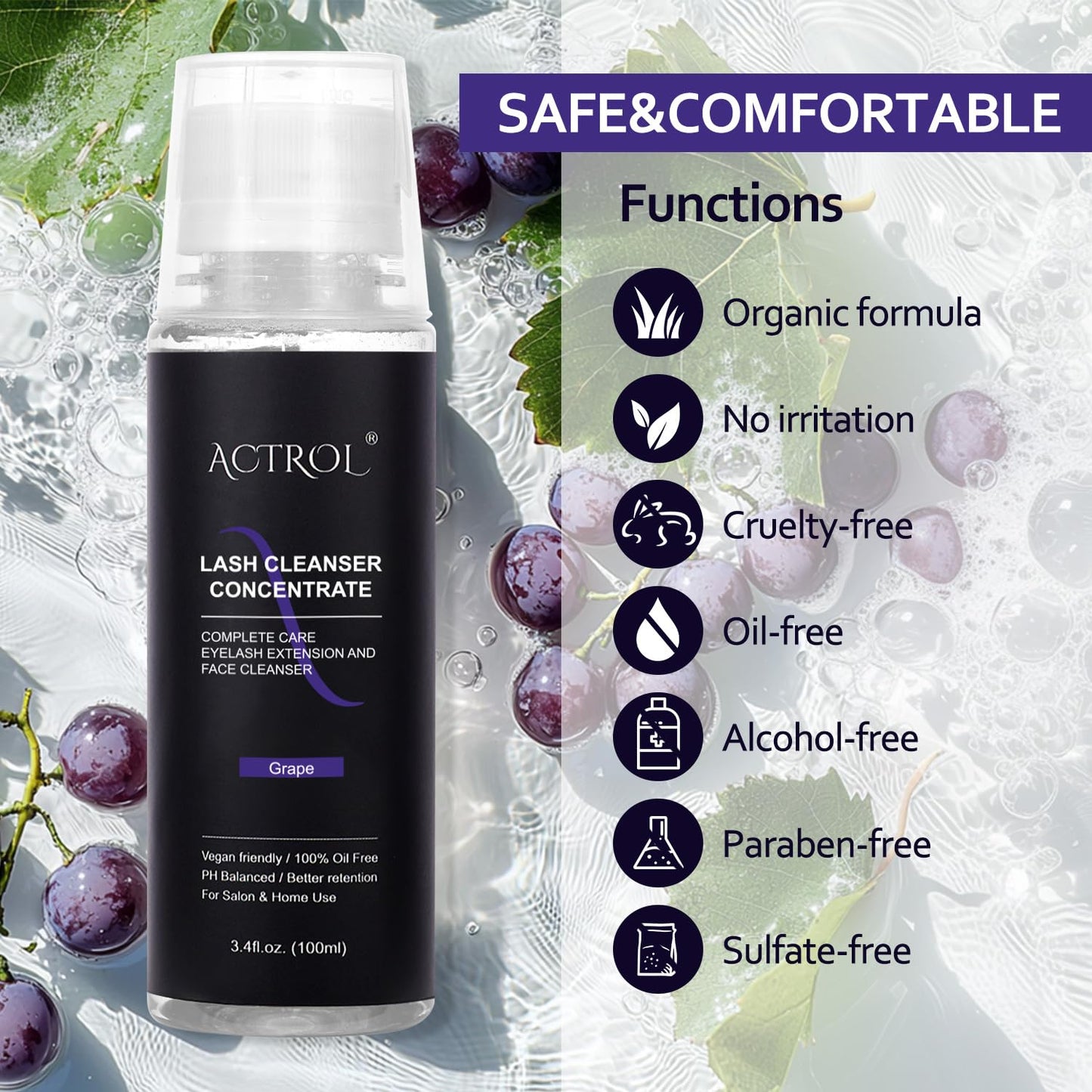 Eyelash Cleanser Concentrate 100ml Professional Lash Shampoo Foaming Cleanser Lash Wash Concentrate for Extensions Lashes with Salon Home Care-Makes 40 Bottles Grape