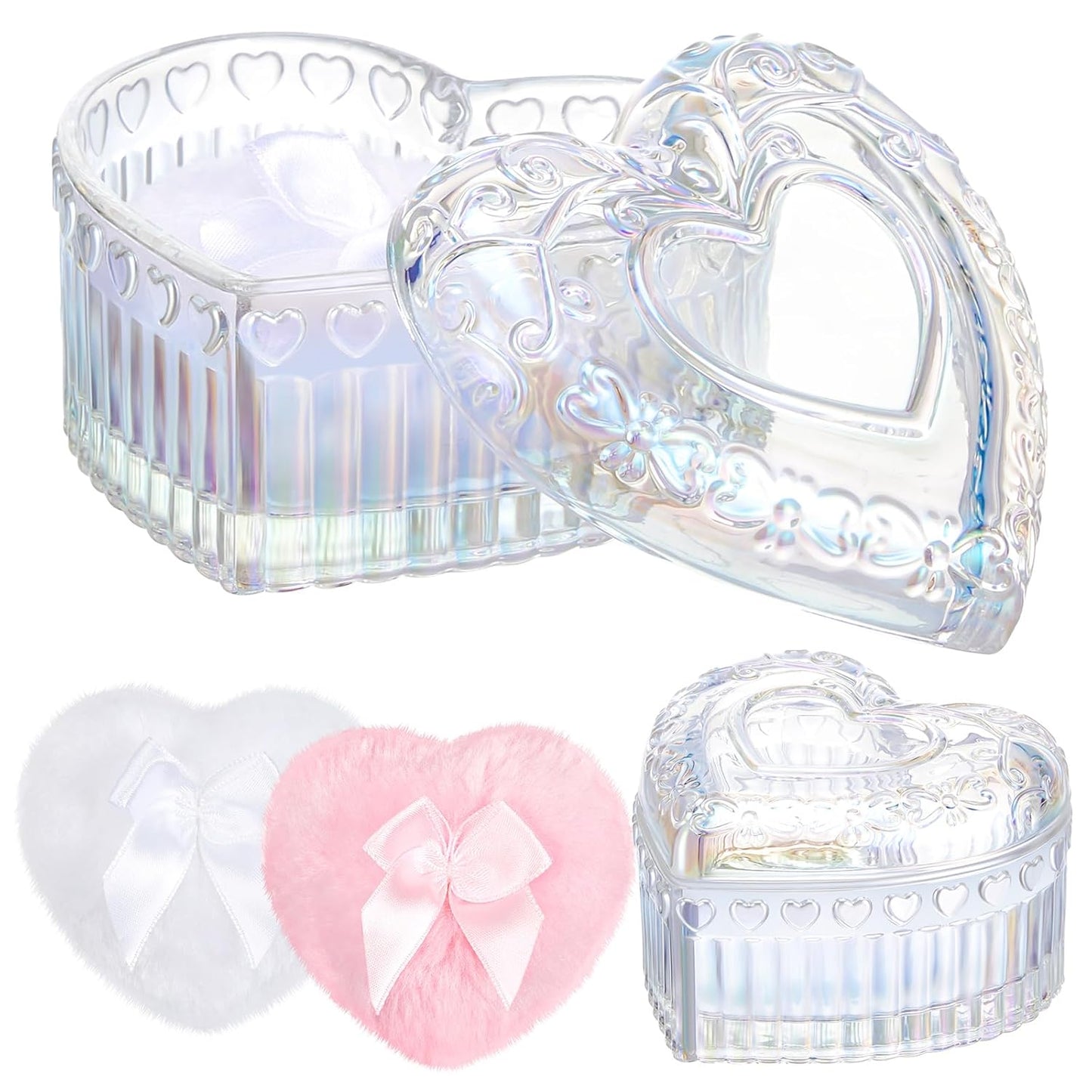 Tioncy 3 Pcs Large Body Powder Puff and Powder Container with Puff Crystal Container Soft Washable Reusable Velour Face Body Glitter Wet Dry Makeup Heart(Dazzling)
