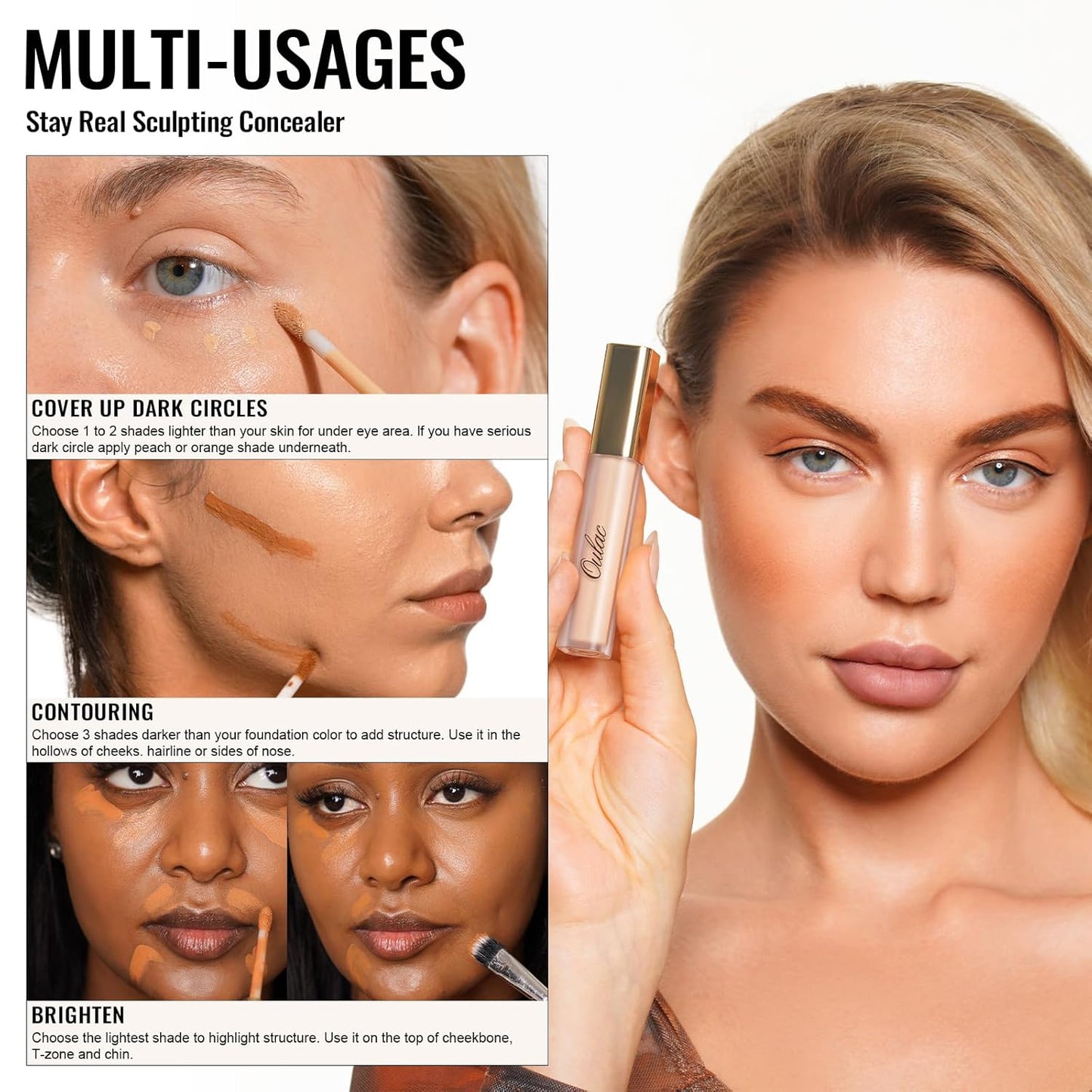 Oulac Concealer Full Coverage, Concealer Stick for Dark Circles, Hydrating Concealer Infused with Hyaluronic Acid, Lightweight, Long Lasting, Vegan Concealer 3.8ml, Shade: W6 Honey