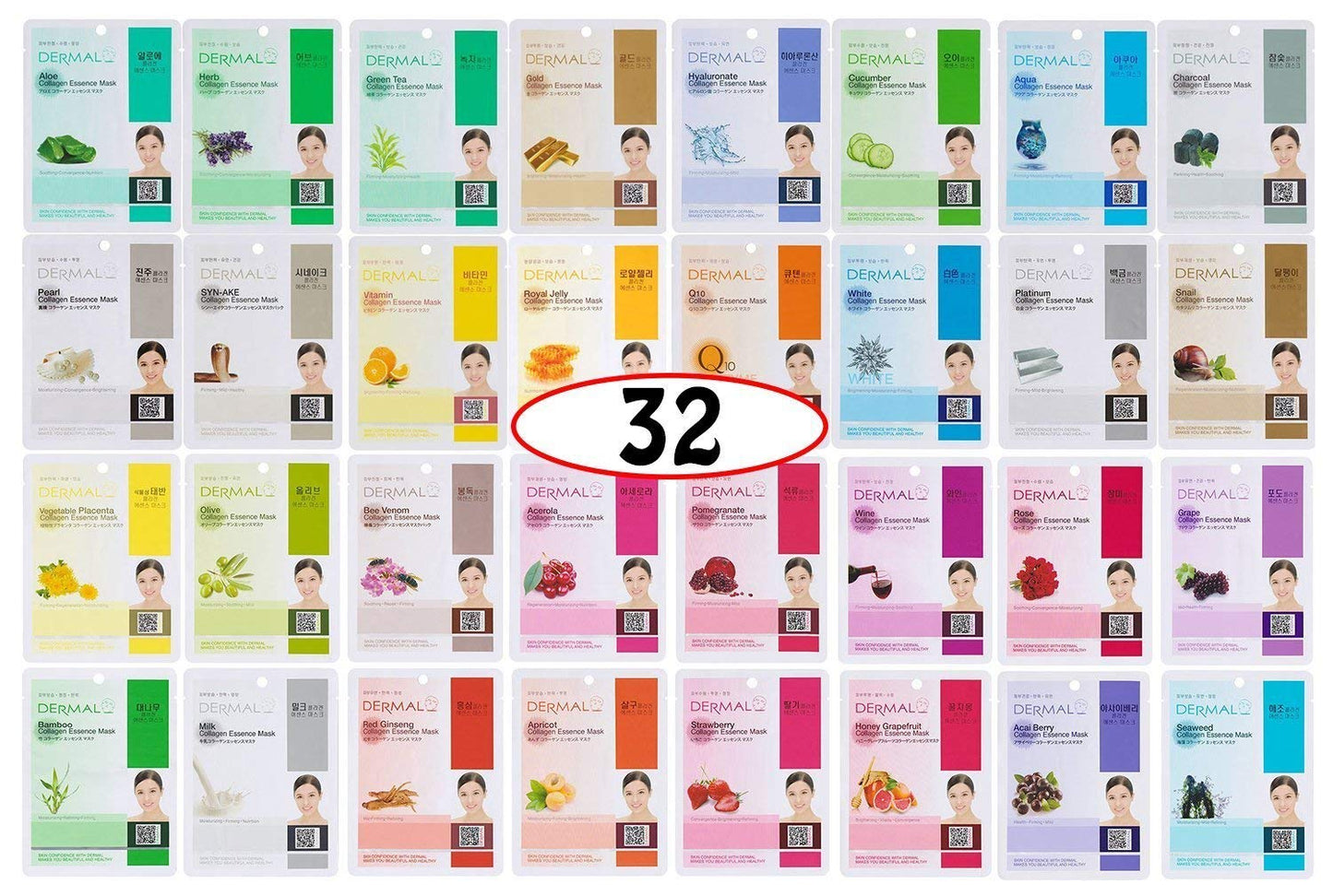 Korean Collagen Face Mask – Hydrating & Soothing Sheet with Panthenol, Hypoallergenic Calming Moisture Care for All Skin Types, 32 Combo Pack A+B Set