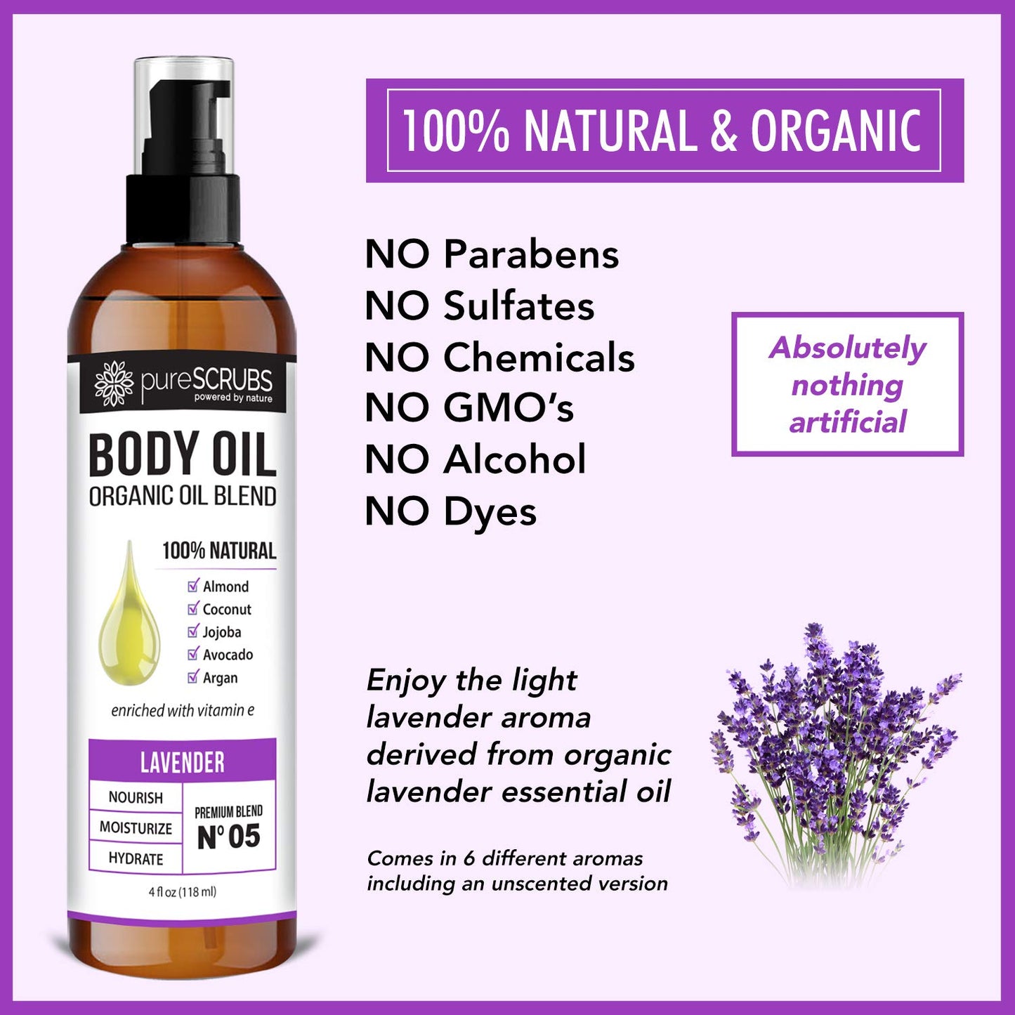 pureSCRUBS Ultra Moisturizing Lavender Body Oil Spray for Dry Skin, Massage, Cuticles & More, Organic Blend of Jojoba, Argan, Coconut, Sweet Almond & Avocado Oils Enriched with Vitamin E, Lg 4oz