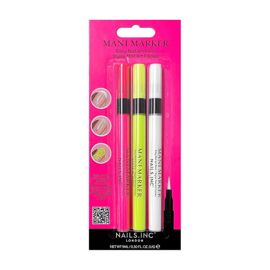 Nails Inc Neon Mani Marker Nail Art Pen Trio, DIY Nail Drawings, Fine Tip, Thin Brush, No Bleed, Manicure Tools, Drawing & Painting, Long Lasting, Vegan, Cruelty Free, Nail Art Pen, 3 Piece Set