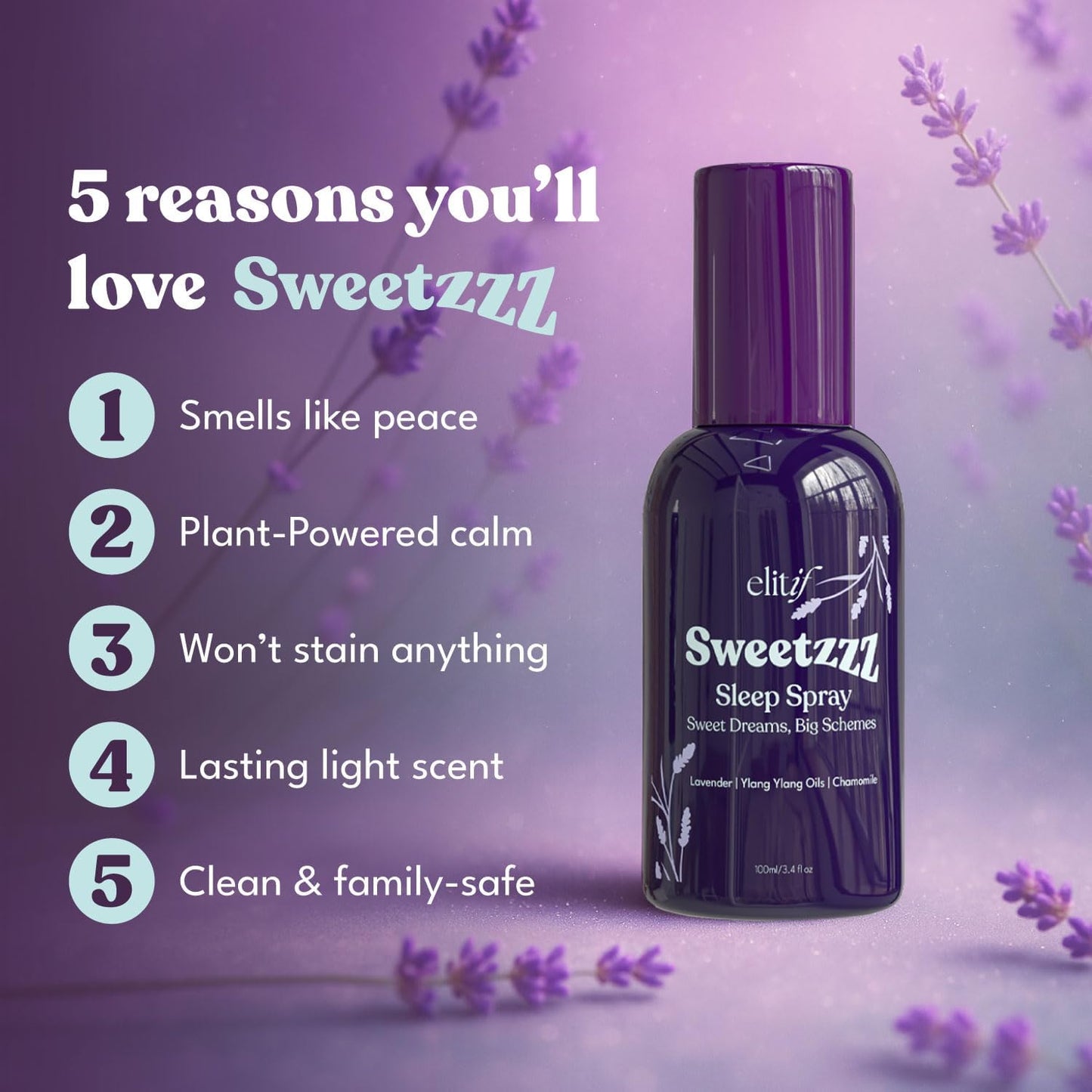 Lavender Pillow Spray for Sleeping – Aromatherapy Sleep Mist & Natural Bedtime Linen & Room Spray – Vegan, Non-Toxic, Travel-Friendly – Sweetzzz by Elitif