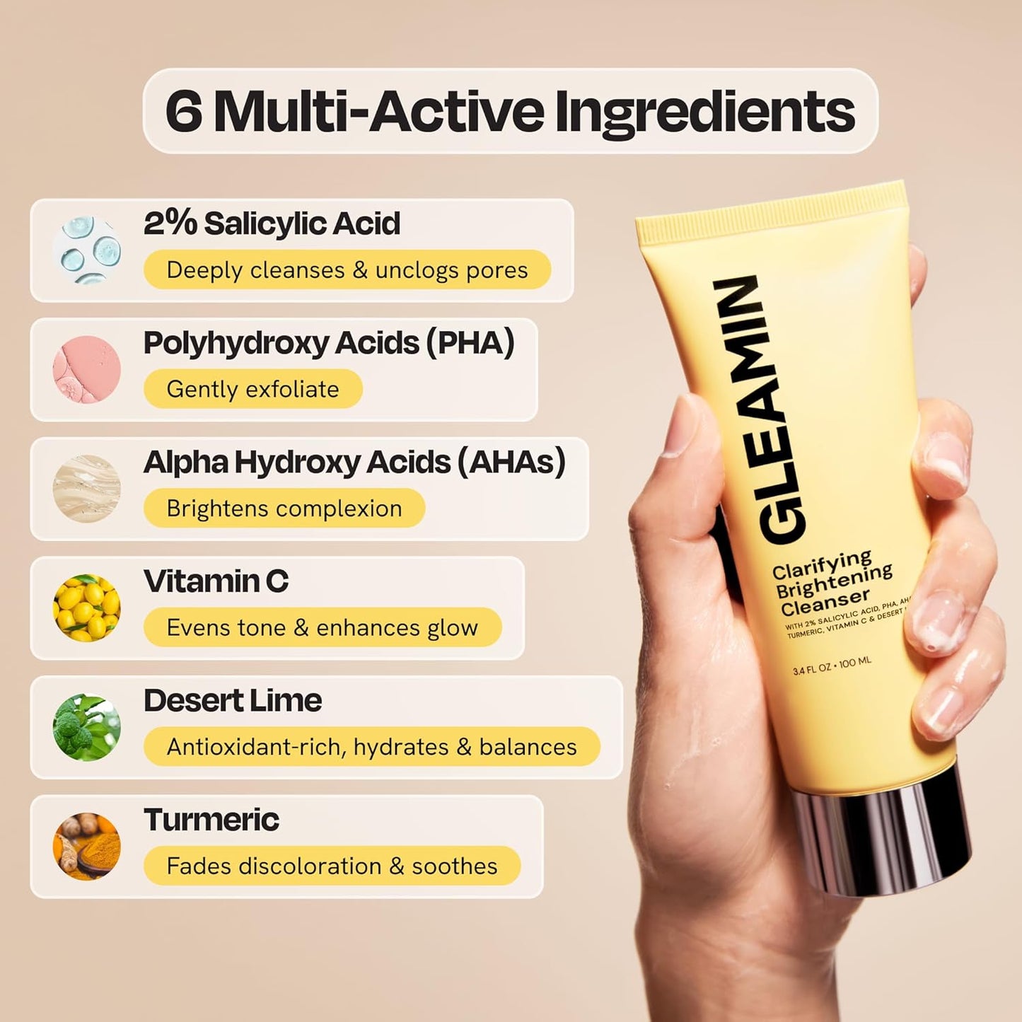 Gleamin Vitamin C Face Wash & Facial Cleanser - Cream to Foam 2% Salicylic Acid Cleanser with Paw Paw & Turmeric - Gentle Exfoliating Facewash for Women & Men, Oily & Combination Skin, 3.4 fl oz
