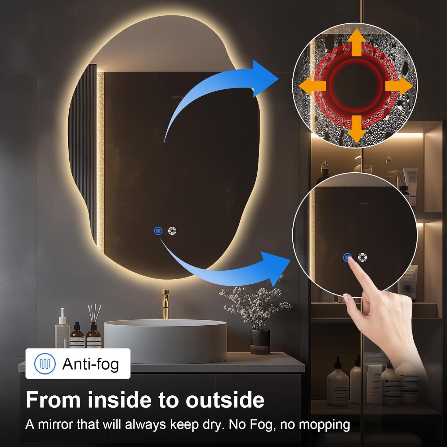 Asymmetrical LED Bathroom Mirror with Lights,Irregular Led Bathroom Vanity Mirror for Wall with Front and Backlit, Anti Fog, 3 Colors and Dimmable Light,[Horizontal/Vertical] 40" H x 30" W