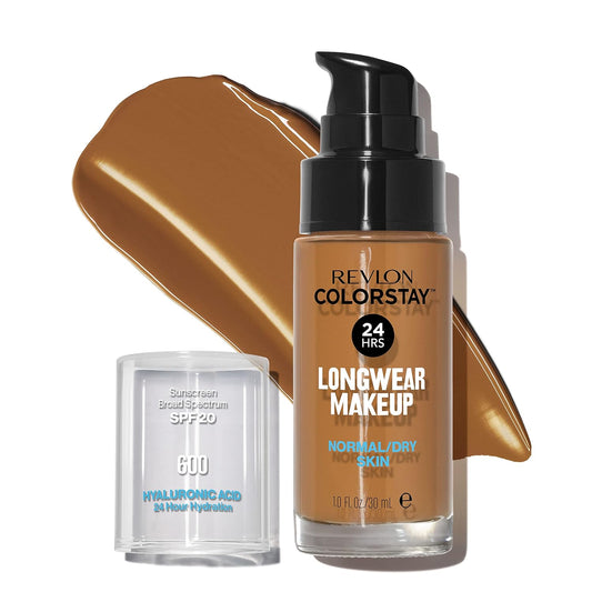 Revlon Liquid Foundation, ColorStay Face Makeup for Normal & Dry Skin, SPF 20, Longwear Medium-Full Coverage with Natural Finish, Oil Free, 600 Cinnamon, 1 Fl Oz