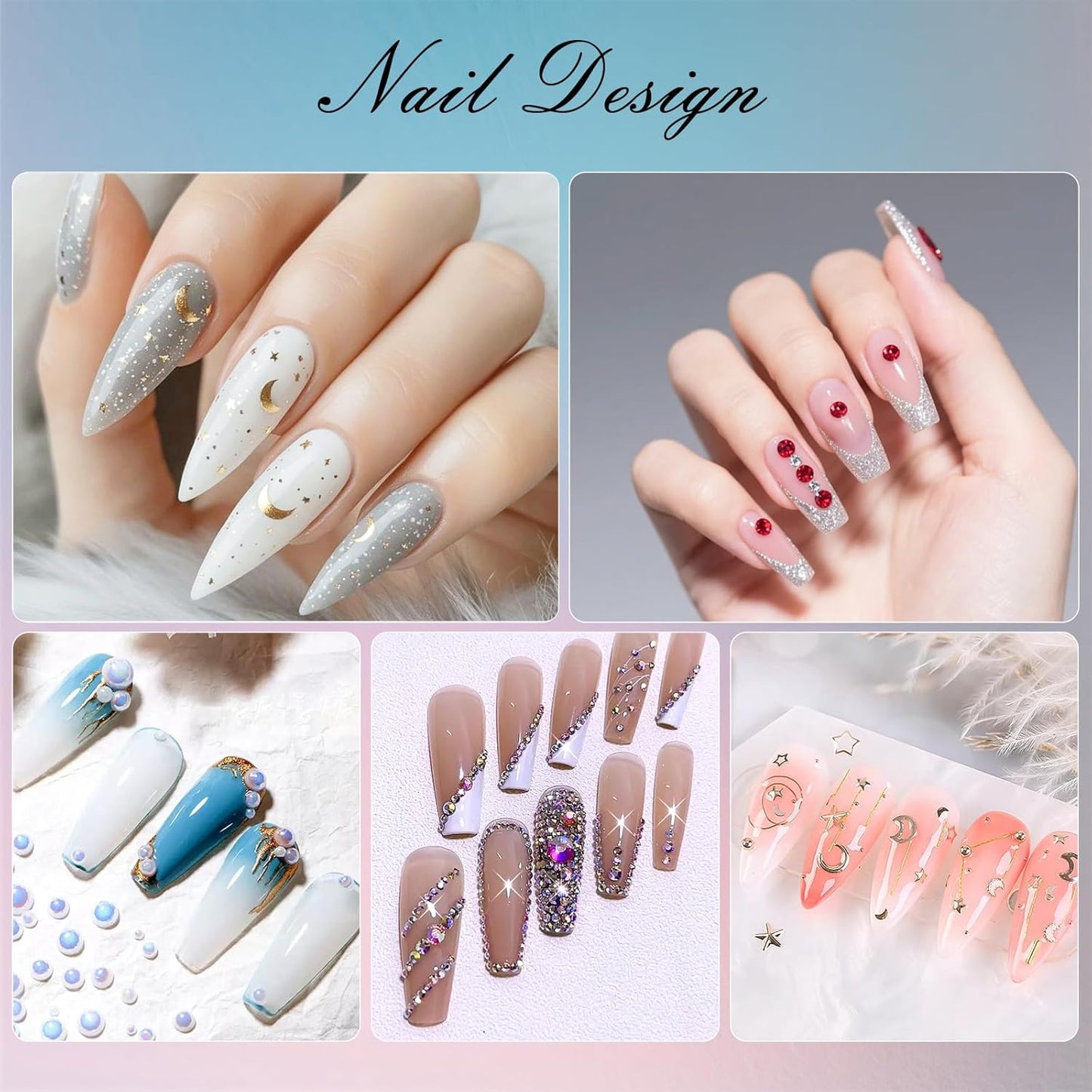 Artdone Nail Art Studs Kit, 6 boxes Multicolor And Design 3D Charms With 15 Sheets Gold Nail Stickers, Diamond Cute Nail Jewels For DIY Decoration with Pickup Tools