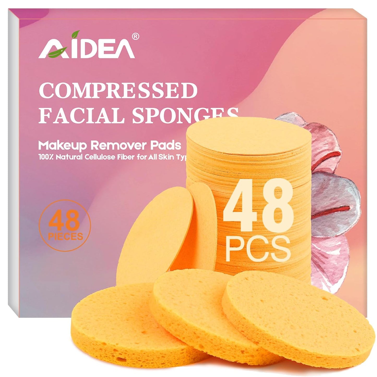 AIDEA 48Count Compressed Facial Sponges-Round, Reusable Makeup Remover Pads, Facial Pads, Natural Cosmetic Spa Sponges for Facial Cleansing, Exfoliating, Sponges for Cleansing, Travel Essentials